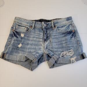 Aeropostale Women’s Midi Jean Shorts Size 0 Distressed Cutoff Denim Blue